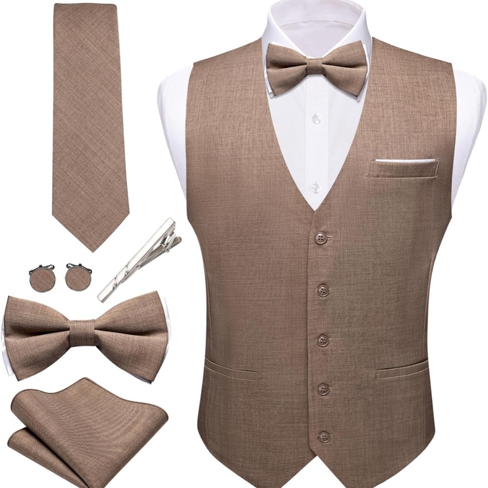 Tan Vest/Tie/Bow Tie/with Classic Notch Lapel Design